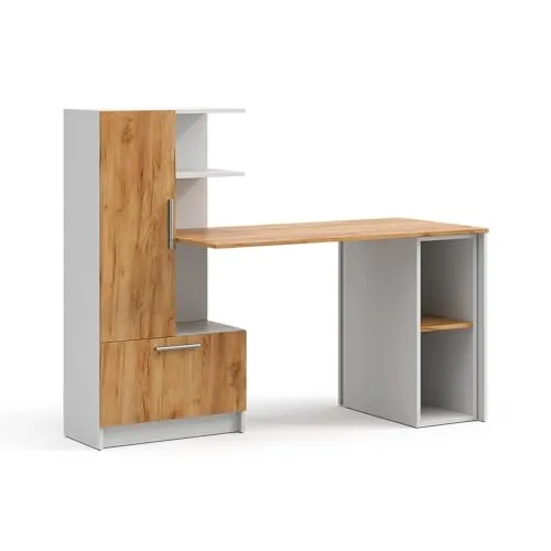 Vicco Tomy Schreibtisch Weiß/Goldkraft Eiche 150 x 59 cm 2er Set - Modernes Schreibtisch-Set mit integriertem Regal für optimalen Stauraum. Ideal für einen aufgeräumten Arbeitsplatz. Pflegeleichte Oberfläche und klare Linien sorgen für Stil und Funktionalität in jedem Raum.