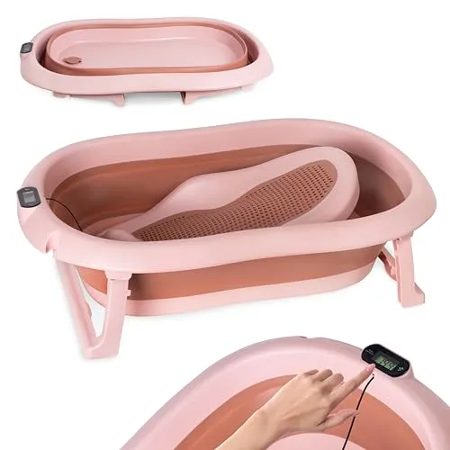 Faltbare Babybadewanne Dunkel Rosa mit Thermometer und Badesitz