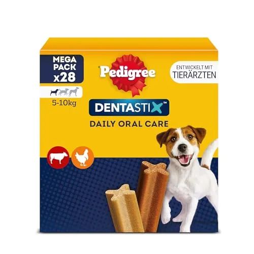 Pedigree DentaStix Hundesnack für kleine Hunde (5-10kg), Zahnpflege-Snack mit Huhn und Rind, 4 Packungen je 28 Stück (4 x 440 g)