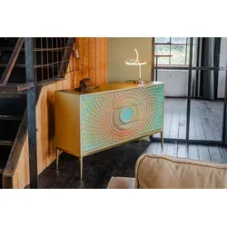 KAWOLA Kommode LAGO, 2 Türen 3 Schubladen in Glas grün/gold in gold von KAWOLA