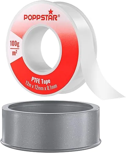 POPPSTAR Teflonband DVGW 12m x 12mm x 0,1mm (100g/m² PTFE-Dichtband, GRp für Grobgewinde, Trinkwassergeeignet), 1 Rolle