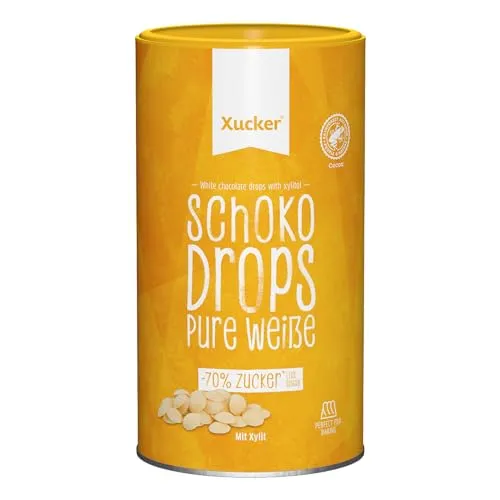 Xucker Schoko Drops Weiße Schokolade - Zuckerreduzierte Süßigkeit mit Xylit - Schokolade, ideal für eine zuckerreduzierte Ernährung. Genießen Sie die leckeren Drops mit 35% Kakaoanteil zum Backen oder Naschen ohne Schuldgefühle.