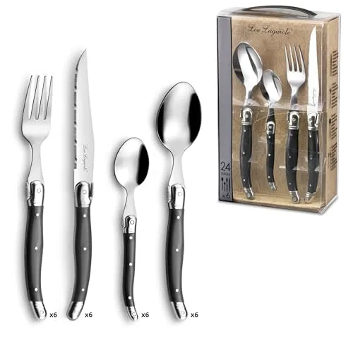 LOU LAGUIOLE TRADITION Steakmesser Besteck Set 24-teilig - Hochwertiges Besteckset für 6 Personen, ideal für BBQ und Grillabende. Scharfe Wellenschliff-Messer sorgen für müheloses Schneiden von Fleisch und mehr.