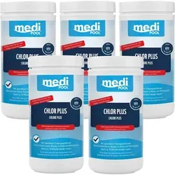 mediPOOL Chlor Plus 5x 1 kg - Sonstiges Poolzubehör mit spezieller Formel aus Aktivsauerstoff, die Trübungen schneller beseitigt als herkömmliches Chlor. Ideal nach starkem Badebetrieb oder Gewittern für klares Wasser.