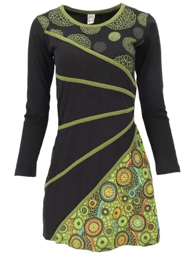 GURU SHOP Hippie Minikleid Boho Chic - Schwarz/Grün, Damen, Größe M - Stylisches Boho Minikleid mit farblich abgesetzter Stickerei. Perfekt für lässige Anlässe und angenehm zu tragen. Bitte separat von Hand waschen.