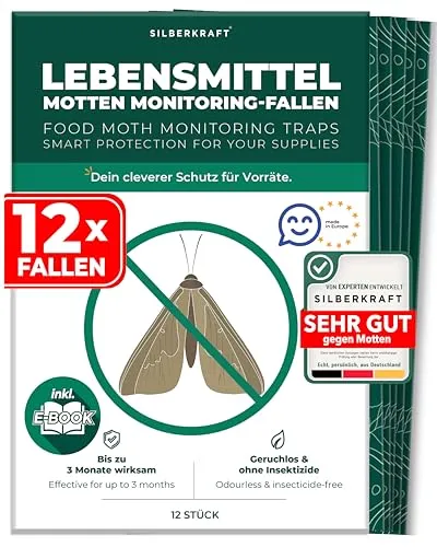 Silberkraft Lebensmittelmotten-Falle 12 Stück - Hochwirksame Mottenfalle gegen Lebensmittel-Motten mit maximaler Lockwirkung - Pheromonfalle mit Hochleistungs-Leim für Küche & Vorratsschrank
