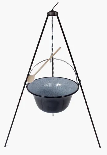 Set 10L Gulaschkessel Emaille mit Dreibein und GRATIS Kochlöffel - Grillzubehör: Perfekt für gesellige Grillabende, dieser Gulaschkessel bietet 10L Fassungsvermögen und wird mit einem stabilen Dreibein sowie einem kostenlosen Kochlöffel geliefert.