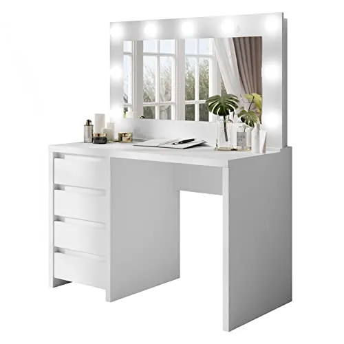 lukmebel Schminktisch Glamour, Spiegel 110x65 cm, LED, Konsolentisch 110x75x59 cm, Vier Schubladen, kugelgelagerte Führungen, Laminatplatte, Weiß, Modern
