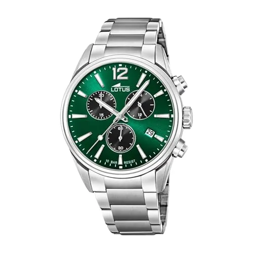 Lotus Herren Armbanduhr 18690/4 - Elegante Edelstahl-Armbanduhr in Silber-Grün, 42mm, 10 Bar wasserdicht - perfekt zum Schnorcheln oder Schwimmen, mit Kalender und Quarz-Uhrwerk.