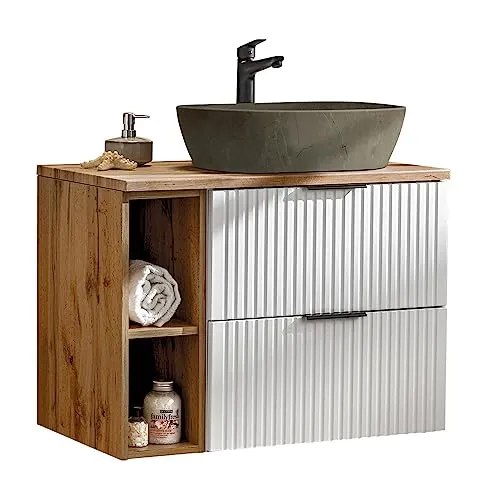 Lomadox Waschtisch ADELAIDE-56-WHITE, 80cm mit Waschbecken in Betonoptik - Moderner Waschtisch in matt weiß mit gerillter Front und Wotaneiche-Dekor. Mit Softclose-System für geräuschloses Schließen und langlebigen MDF-Fronten, ideal für jedes Badezimmer.