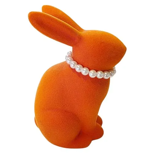 MACOSA WV55917 Osterhase mit Perlenkette beflockt Orange 16 cm Steingut Dekohase Hase Skulptur Oster-Deko Osterdekoration Figur Dekohase Dekofigur Ostern Dekoration Tischdeko