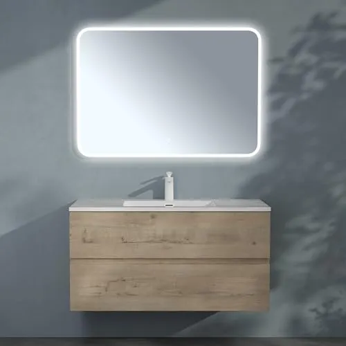 doporro Badmöbel-Set Waschbecken-Unterschrank Badezimmer Wandmontage-Unterschrank BTH: 100x48x50 cm in Eiche Greige inkl. Mineralguss-Waschbecken und LED-Spiegel Aqualis