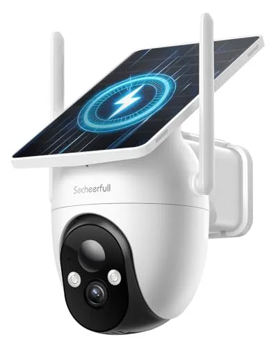 Socheerfull 2K Überwachungskamera Aussen Solar Akku, Kabellose, 2,4GHz | WLAN Kamera mit Integriertem Solarpanel, 360° Rundum-Überwachung, KI-Erkennung, Farbnachtsicht, 2-Wege-Audio,IP66 Wetterfest