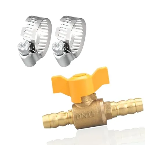 AVJERA 1 Stück 2-Wege Schlauchverbinder mit Absperrhähnen, 10mm Messing, Schlauchstutzen Kugelhahn Schalter, 2 Rohrschellen, Abzweigventil, für Tischlerarmatur, Luft, Wasser, Gas