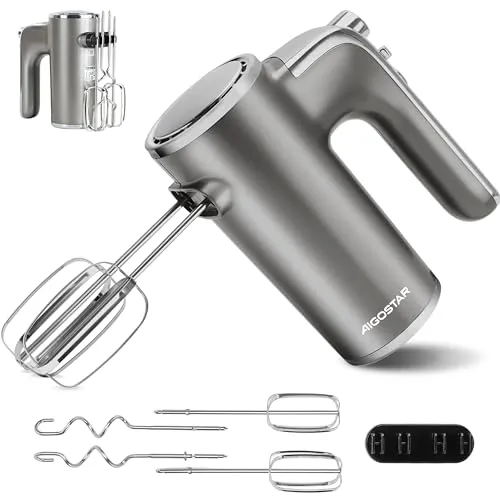 Aigostar Handmixer Elektrischer, 400 W Ultra Power Mixer Handrührer mit 1 Aufbewahrungshalterung, 5 Geschwindigkeiten, Turbo Boost, 2 Schneebesen und 2 Knethaken, für Eier, Teig, Kuchen.Adela