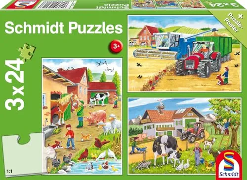 Schmidt Spiele 56216 Auf dem Bauernhof - 3x24 Teile Kinderpuzzle für kreative Spielstunden ab 3 Jahren, ideal für kleine Puzzle-Fans