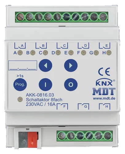 MDT AKK-0816.03 Schaltaktor 8-fach, 4TE REG, 16A, 230VAC - KNX Schaltaktor für Elektroinstallation, kompakt und vielseitig mit bistabilen Relais, umfangreichen Funktionen und Statusmeldungen für jeden Kanal.