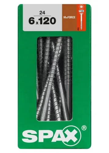 SPAX HI.FORCE Schrauben 6 x 120 mm, 24 Stück - Hochwertige HI.FORCE Schrauben mit Teilgewinde und Tellerkopf, ideal für verschiedene Anwendungen. Robuste WIROX-Beschichtung sorgt für Langlebigkeit und zuverlässige Verbindung.