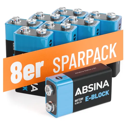 ABSINA 8x 9V Blockbatterien Alkaline - langlebige 9V Batterien für Rauchmelder