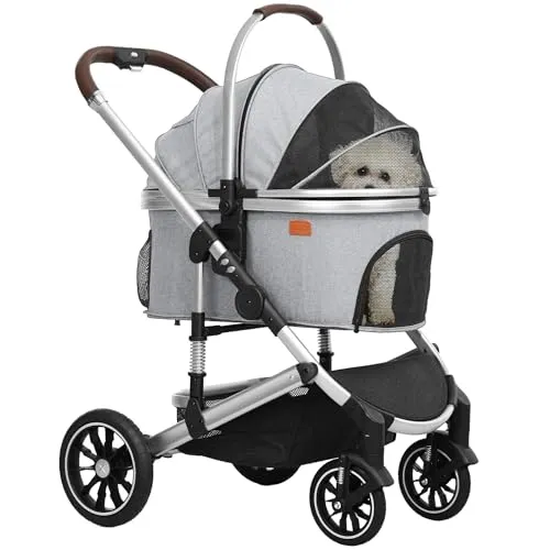 PawHut 3-in-1 Hundewagen für Hunde & Katzen - Vielseitiger Hundebuggy mit klappbarem Design, ideal für Reisen und Spaziergänge. Ausgestattet mit Netzfenstern für optimale Luftzirkulation und Sicht, sorgt er für Komfort und Sicherheit.