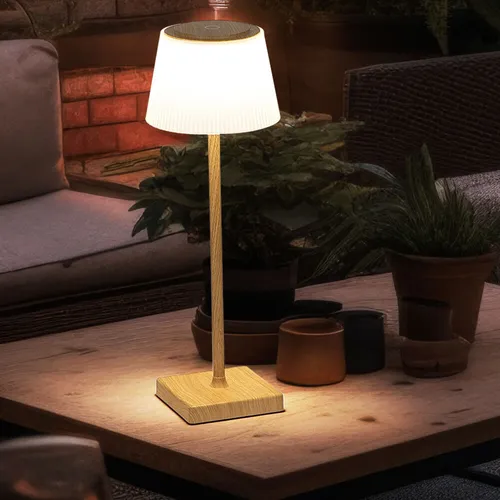 Tischleuchte Außen Holzoptik mit Touchdimmer - Moderne Tischleuchte in Holzoptik, dimmbar mit stufenlosem Touchdimmer. Ideal für Garten und Innenräume, spritzwassergeschützt (IP44) und mit USB-Akku für flexibles Licht.
