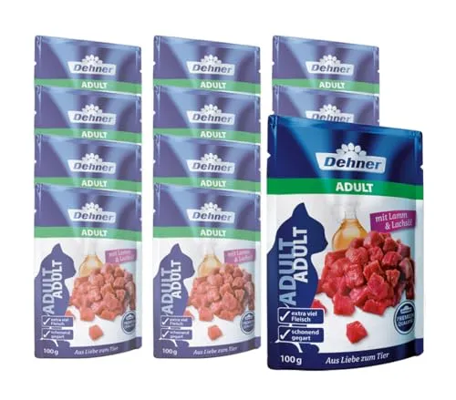 Dehner Premium Katzenfutter, Nassfutter, für ausgewachsene Katzen, Lamm / Lachsöl, 12 x 100 g Beutel(1.2 kg)