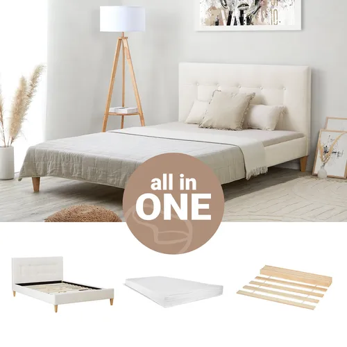 Polsterbett 140x200 mit Matratze Bouclé Beige von Homestyle4u - Modernes Doppelbett mit Komfortschaummatratze, pflegeleichtem Bouclé-Stoff und idealer Liegefläche für erholsamen Schlaf im Schlafzimmer.