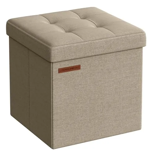 SONGMICS Aufbewahrungshocker, klein, faltbar, 30 x 30 cm, würfelförmiger Fußhocker mit Aufbewahrung, belastbar bis 130 kg, für Wohnzimmer, Schlafzimmer, Schlafsaal, Kamelbraun LSF028K01