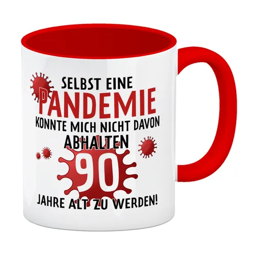 Witziger Kaffeebecher Rot für den 90. Geburtstag mit Motiv: Pandemie