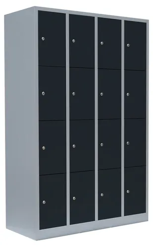 Steelboxx Fächerschrank 4 Abteile - 16 Fächer, komplett montiert - Schränke für Umkleiden, mit langlebiger Stahlkonstruktion. 16 Fächer, einzeln verschließbar mit Zylinderschloss - ideal für Fitnessstudios, Schulen und mehr. Lieferung komplett verschweißt, keine Montage erforderlich.