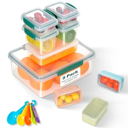 VINATO Frischhaltedosen Set mit Deckel 9-teilig Inkl. 5 Messlöffel, (3.85Lx1, 0.5Lx1, 0.4Lx2, 0.16Lx2, 0.12Lx3) Luftdichte Aufbewahrungsboxen, Spülmaschinenfest, Mikrowellengeeignet, BPA-frei