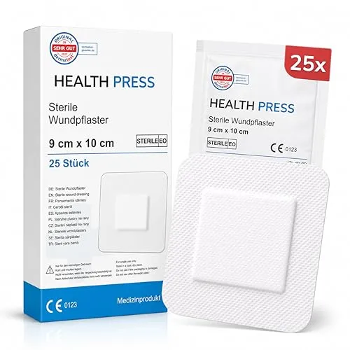 Health Press Sterile Wundpflaster 9 x 10cm (Pflaster Set aus 25 Stück) – Steriler Wundverband, Pflaster einzeln verpackt, Verbandsmaterial hautfreundlich & sicher haftend