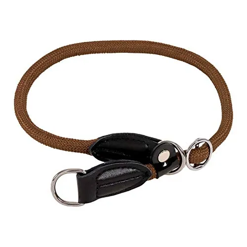 lionto Hundehalsband aus strapazierfähigem Nylon für Hundetraining, Länge 50 cm, 1 cm Dicke, Zugstopp Halsband für Hunde, Lederimitat mit Metallring & Anpassung durch stufenlosen Schieber, braun