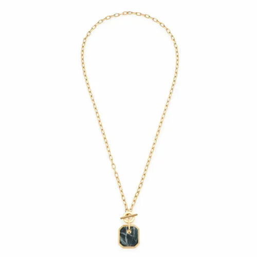 JEWELS BY LEONARDO Lira Halskette aus Edelstahl - Elegante Damenkette mit goldfarbener Glieder-Kette und anthrazitfarbenem Marmor-Anhänger. Allergikerfreundlich und robust für den täglichen Gebrauch.