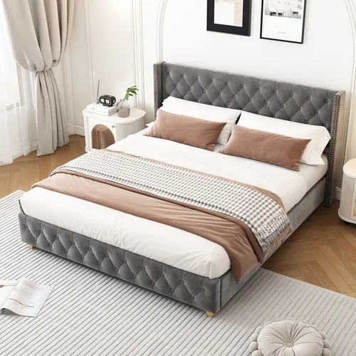 okwish Polsterbett Doppelbett 180×200cm mit Lattenrost und Kopfteil,Jugendbett mit Knopfpolsterung, Nietenpolsterung, Samt, Grau,Mit Matratze - Grau