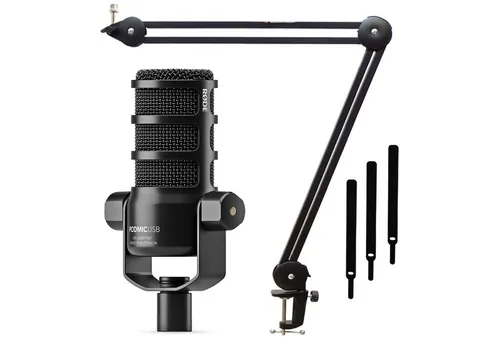 RØDE Podmic USB XLR Mikrofon mit Gelenkarm Schwarz - Mikrofon für Podcasts und Streaming, mit XLR und USB-C Anschluss, integriertem DSP für optimierten Klang und Kopfhöreranschluss für latenzfreies Monitoring.
