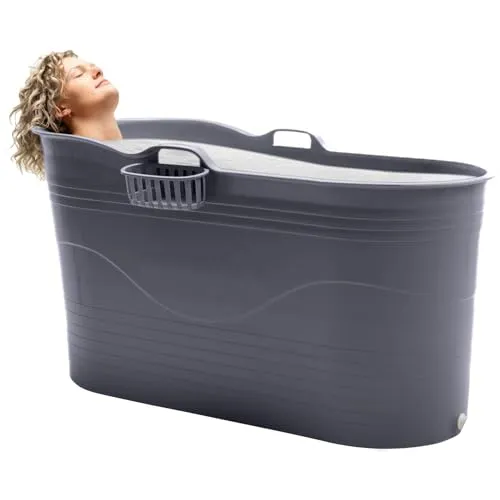 HelloBath® Mobile Badewanne XL 121x56x64 cm für Erwachsene | Tragbare Sitzbadewanne mit verlängerbarem Ablaufschlauch (3 m) & Wasserhahn | Badewanne für Dusche & Outdoor | Dunkelgrau