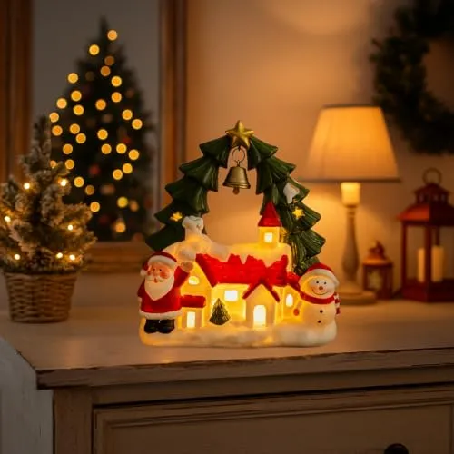 abc HOME | LED Weihnachtsdorf | Leuchtende Winterszene mit Nikolaus & Schneemann | Batterien, Tischdeko, 19cm