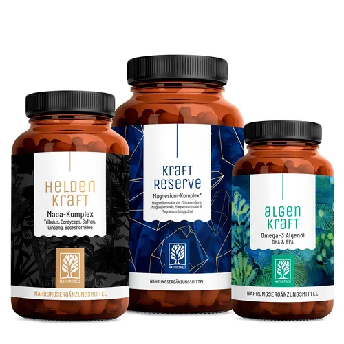 Produktbild Maca Extrakt Kapseln Magnesium Omega 3 Algenöl Alltagsheld Paket NATURTREU®