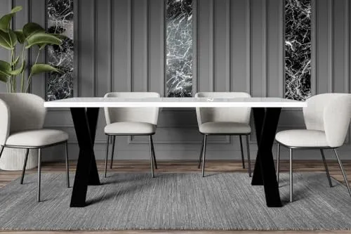 Altdecor Esstisch Weiß Hochglanz 160 cm - Moderner Esstisch mit spektakulärem X-Form Untergestell, ideal für gesellige Abende mit Familie und Freunden. Robuste, laminierte Tischplatte ist pflegeleicht und temperaturbeständig.