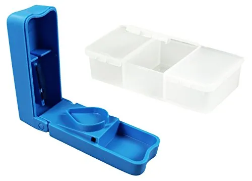 com-four® Tablettenbox Set - Mini Tablettenbox mit drei Fächern und Tablettenteiler - transportable Medikamentenbox - Pillendose - Medikamentendosierer (Box + Teiler)