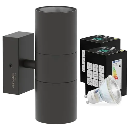 Oktaplex Chile Edelstahl Wandleuchte Aussen inkl. 2x GU10 2700K - Energieklasse A - warmweiß 2,5W 450lm Außenlampe IP44 anthrazit 230V