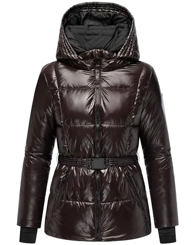 Navahoo Damen Winterjacke glänzende warme Steppjacke mit Taillengürtel Eisglanz 14 Choco Gr. L