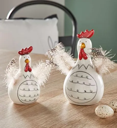 Dekoleidenschaft Dekofigur Huhn Federn aus Porzellan - Sammlerfiguren im 2er Set, witzige Osterdeko aus glänzendem Porzellan, ideal für kreative Tischdekoration, Höhe 12 + 16 cm.