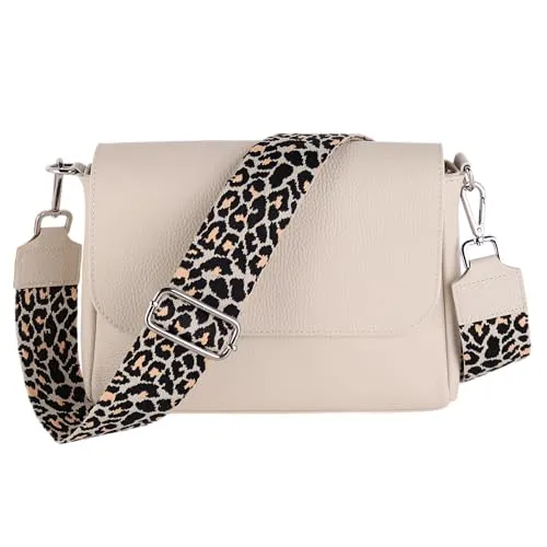 MIRROSI Umhängetasche Damen, Crossbody Bag, Echtleder Made in Italy (1 Tasche 2 Gurte oder Basic Version 1 Tasche 1 Gurt), 27x20x7cm (BXHXT) Mittelgroß (Upgrade Version (mit 2 Gurte): Beige Leo)