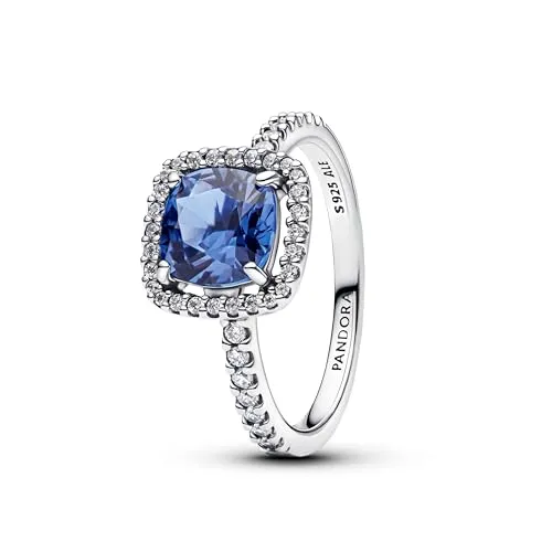 PANDORA Timeless Funkelnder Eckiger Blauer Strahlenkranz Statement-Ring - Ringe für Damen, aus Sterling Silber mit strahlendem blauen Kristall und Cubic Zirkonia, vereint modernes und klassisches Design für jeden Look.