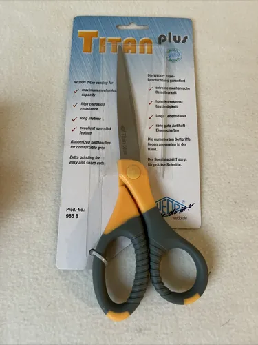 Wedo 9858 Universalschere - Titan plus, beschichteter Edelstahl mit Spezialschliff, ergonomische Griffe für Rechts- und Linkshänder, 21,5 cm