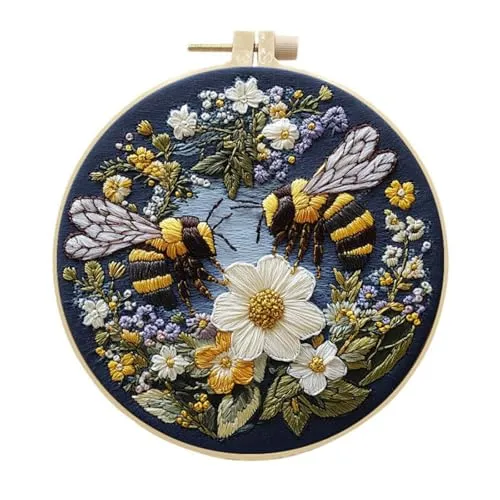 Awesocrafts Stickset, Bienen, Blumen, komplettes Sortiment an Stickerei-Starter-Kits für Anfänger und Erwachsene, DIY, handgefertigt, einfache Muster (Biene 1)