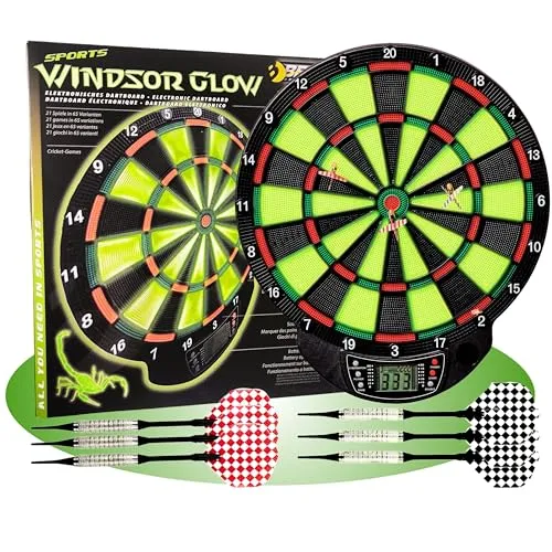 Best Sporting Dartscheibe elektronisch Windsor - Glow In The Dark Dartboard - Elektronische Dartboards mit fluoreszierenden Spielfeldern, ideal für bis zu 4 Spieler. Enthält 6 Dartpfeile, 12 Ersatzspitzen und bietet 21 Spielevarianten für unvergessliche Turniere.