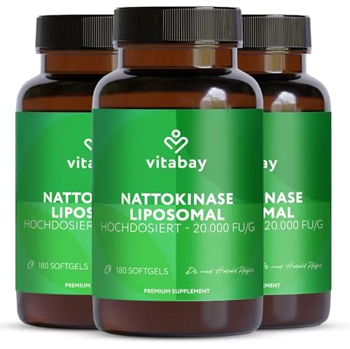 Vitabay Nattokinase 2.000 FU – 540 vegane Kapseln – 3er Pack – liposomale Nattokinase aus fermentierten Sojabohnen – ohne Zusatzstoffe & laborgeprüft – Vorrat für 18 Monate